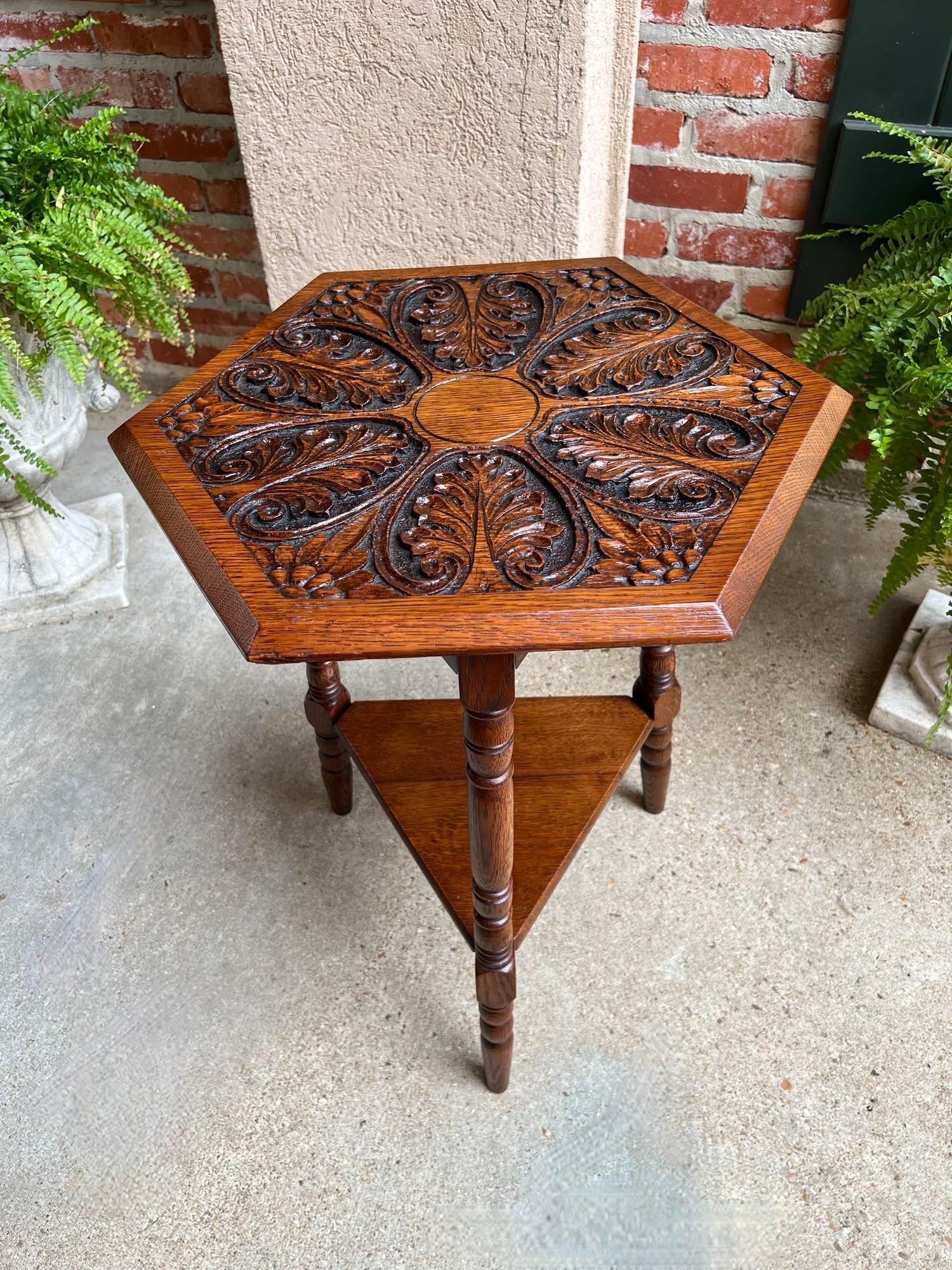 British Antique English Cricket Table Hexagon Carved Oak End Side Table Arts and Crafts