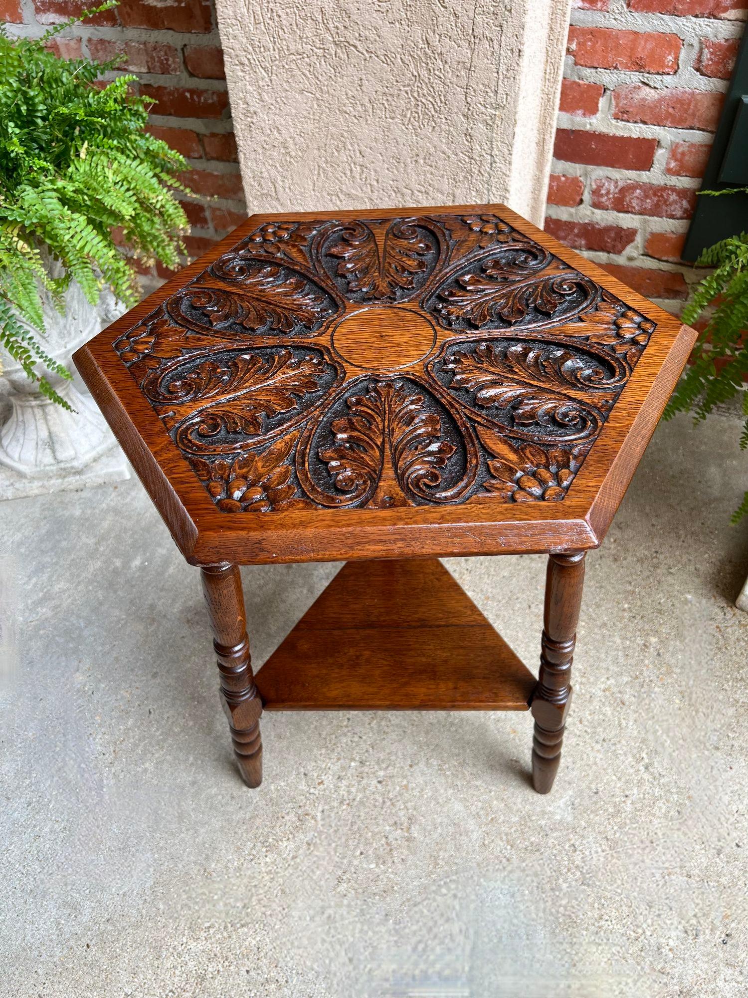 Early 20th Century Antique English Cricket Table Hexagon Carved Oak End Side Table Arts and Crafts For Sale