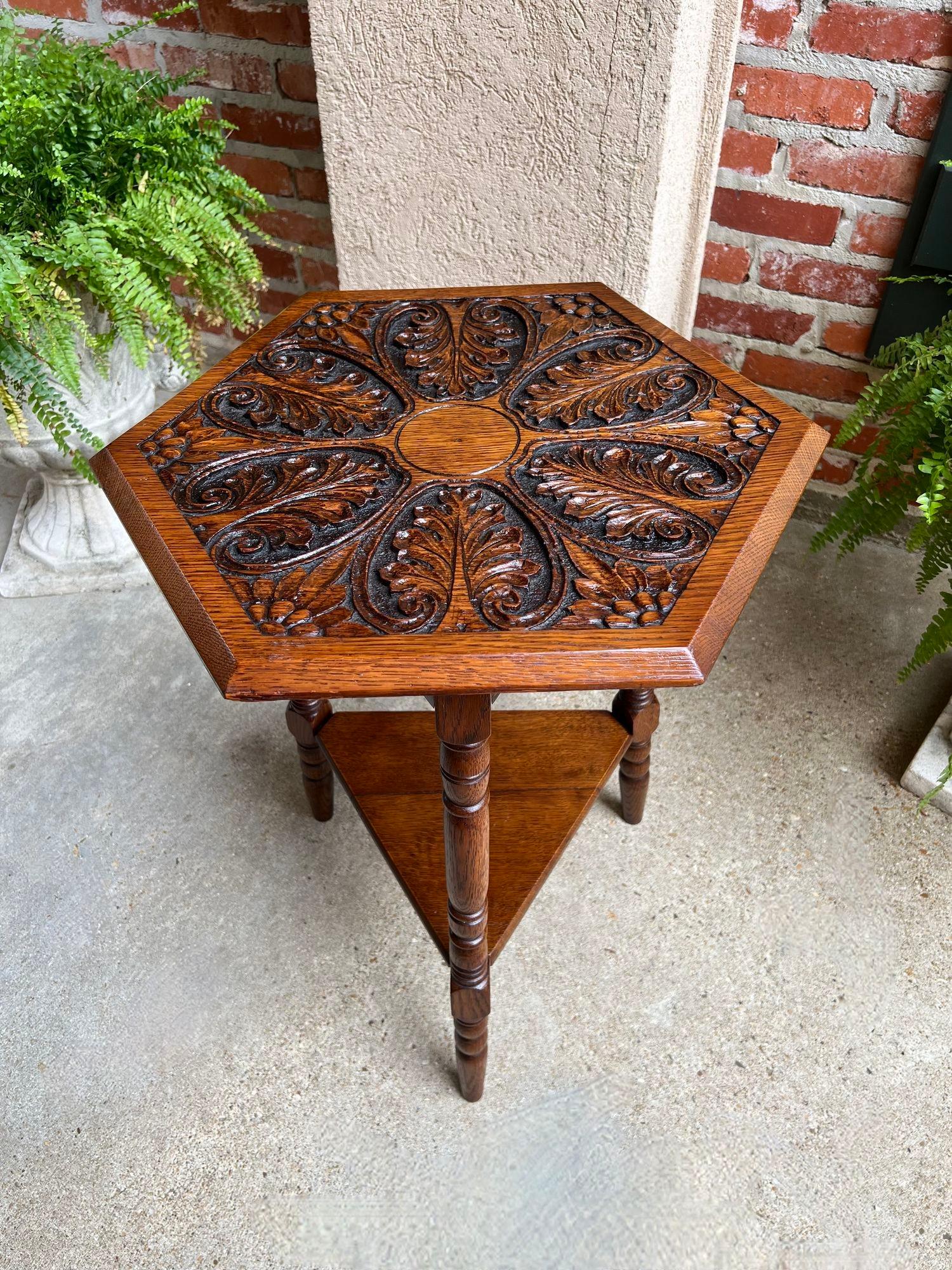 Antique English Cricket Table Hexagon Carved Oak End Side Table Arts and Crafts For Sale 1