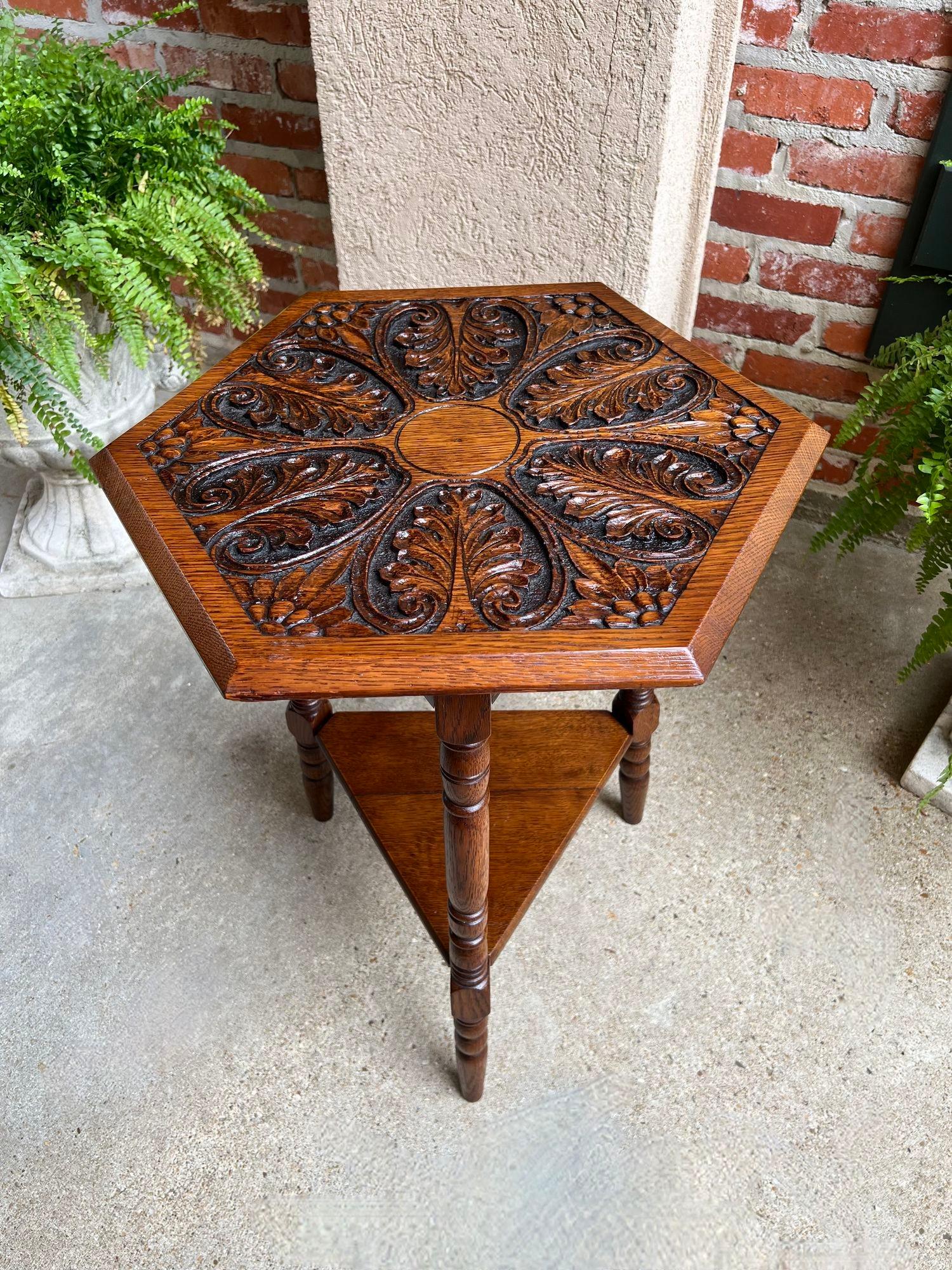 Antique English Cricket Table Hexagon Carved Oak End Side Table Arts and Crafts 1