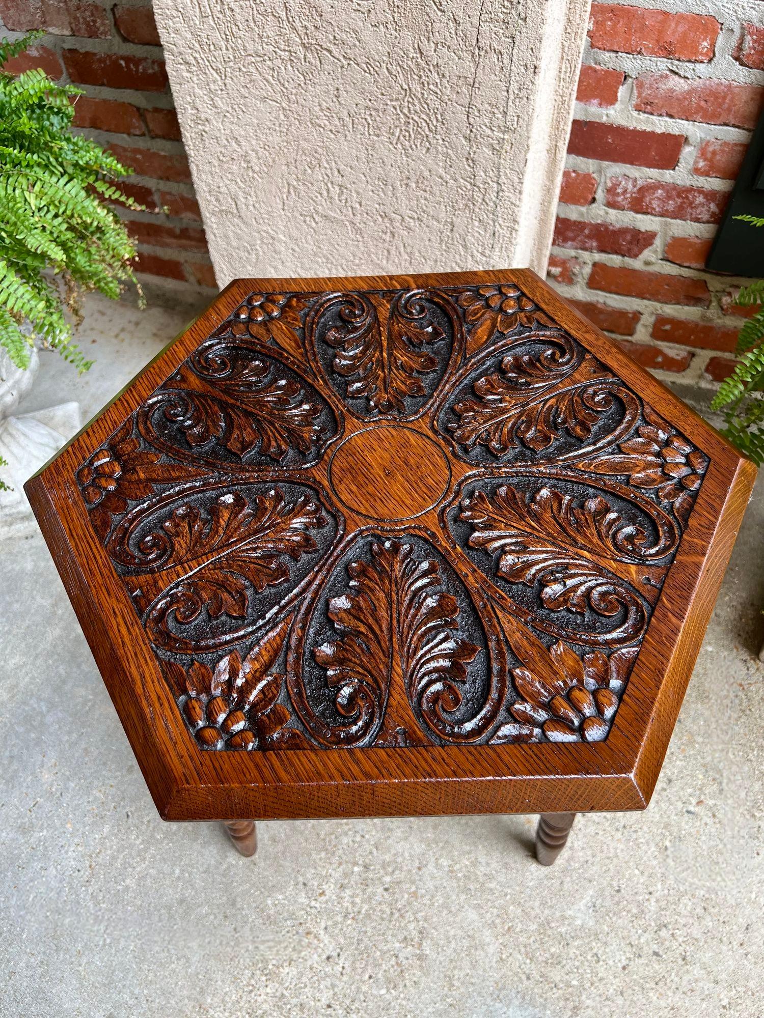 Antique English Cricket Table Hexagon Carved Oak End Side Table Arts and Crafts For Sale 2