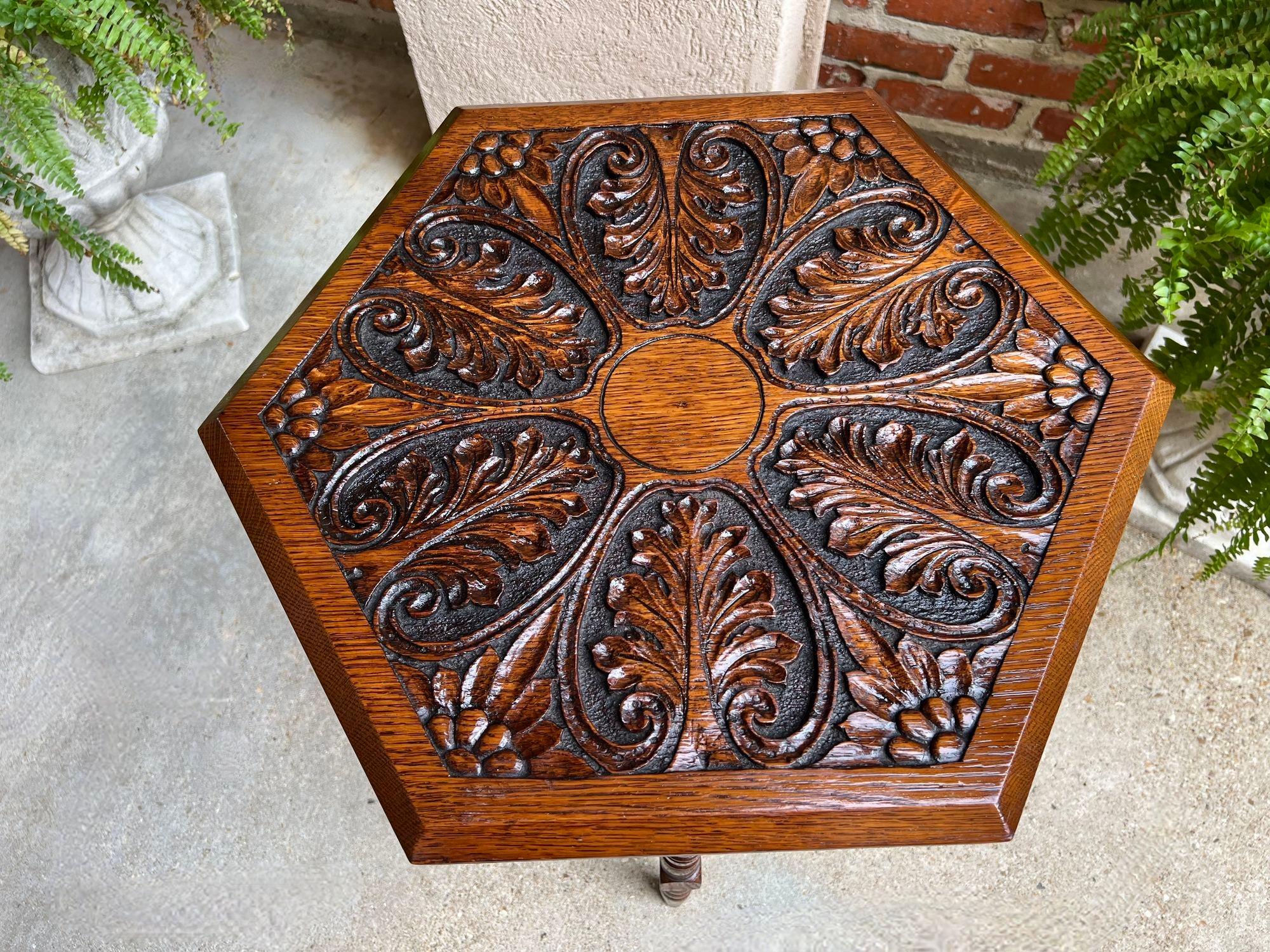 Antique English Cricket Table Hexagon Carved Oak End Side Table Arts and Crafts For Sale 3