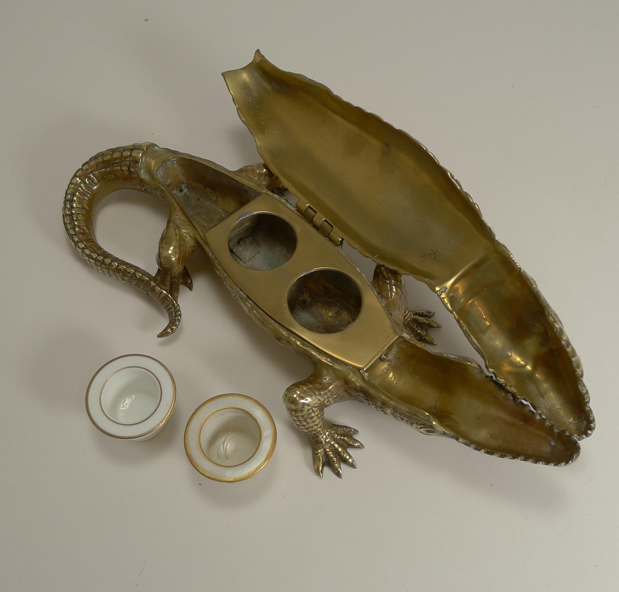 brass crocodile inkwell