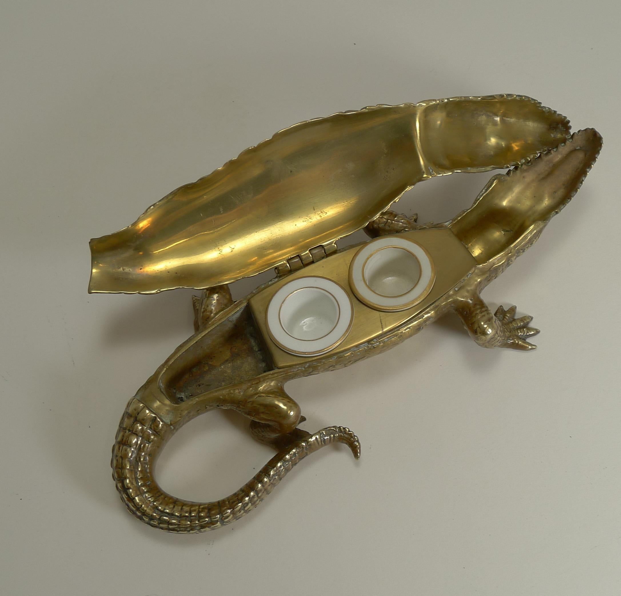 Antique English Crocodile / Alligator Inkwell / Desk Tidy, circa 1880 In Good Condition In Bath, GB
