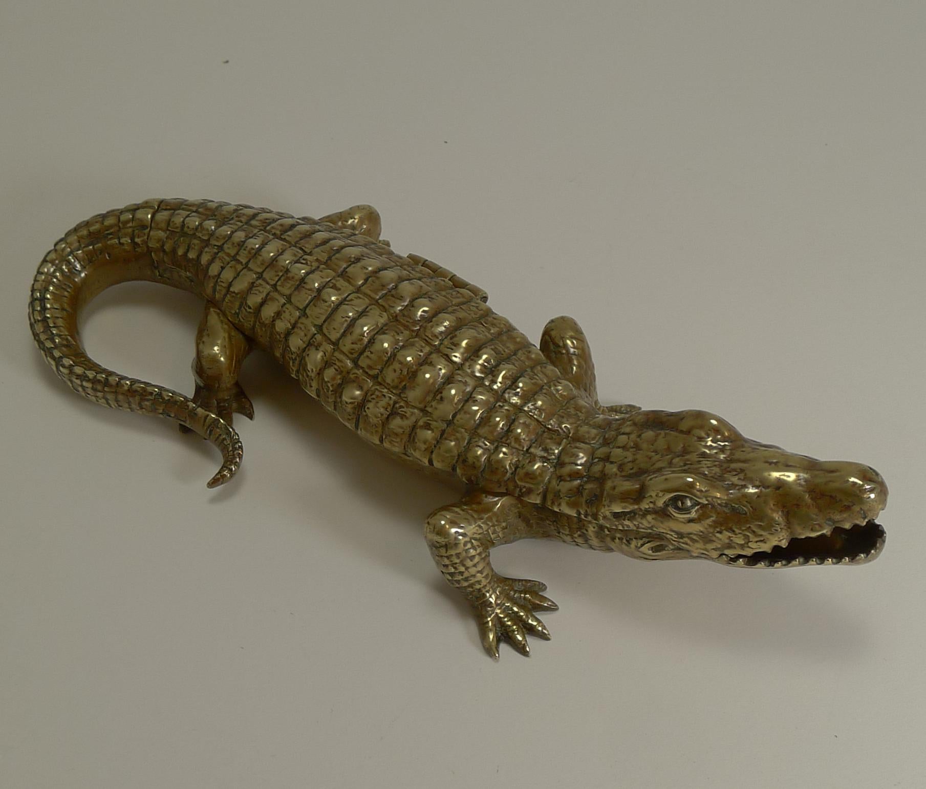 Brass Antique English Crocodile / Alligator Inkwell / Desk Tidy, circa 1880