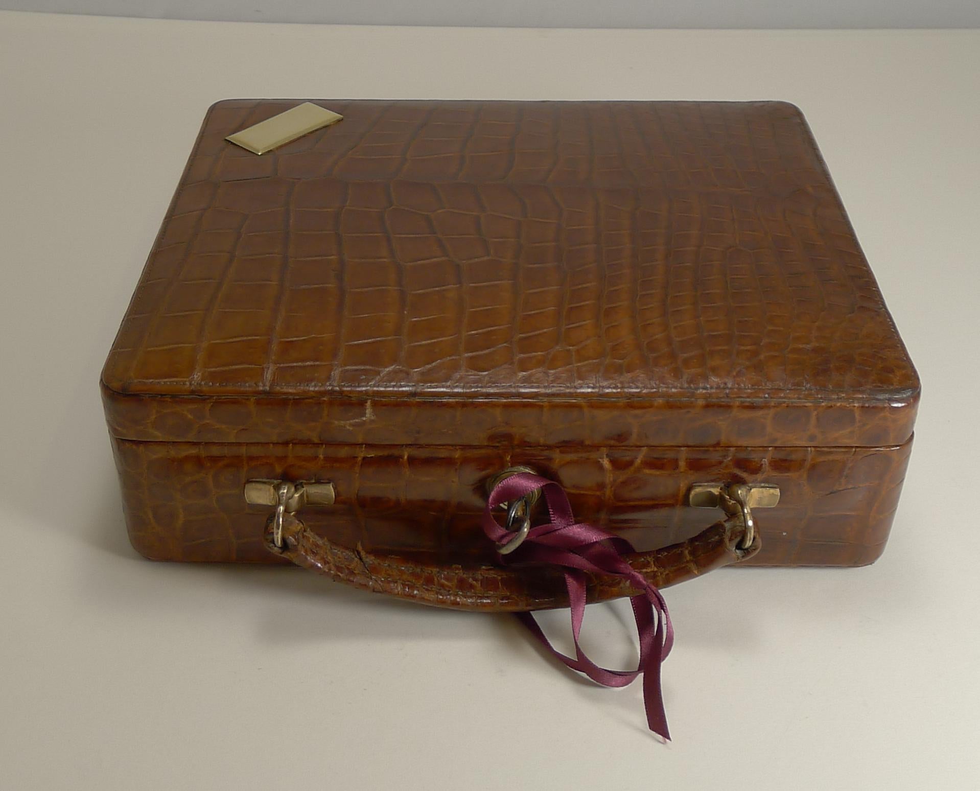Edwardian Antique English Crocodile / Alligator Jewelry Box / Suitcase, circa 1910