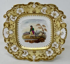 Antique English Crown Derby Pair Rural Scenes Cabinet Wall Plates Centerpieces