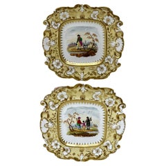 Antique English Crown Derby Pair Rural Scenes Cabinet Wall Plates Centerpieces  