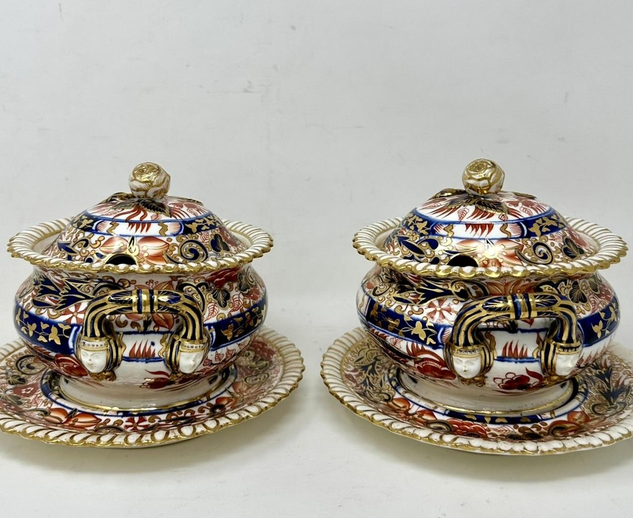 Ceramic Antique English Crown Derby Pair Sauce Soup Tureens Urns Vases Centerpieces 19C  For Sale