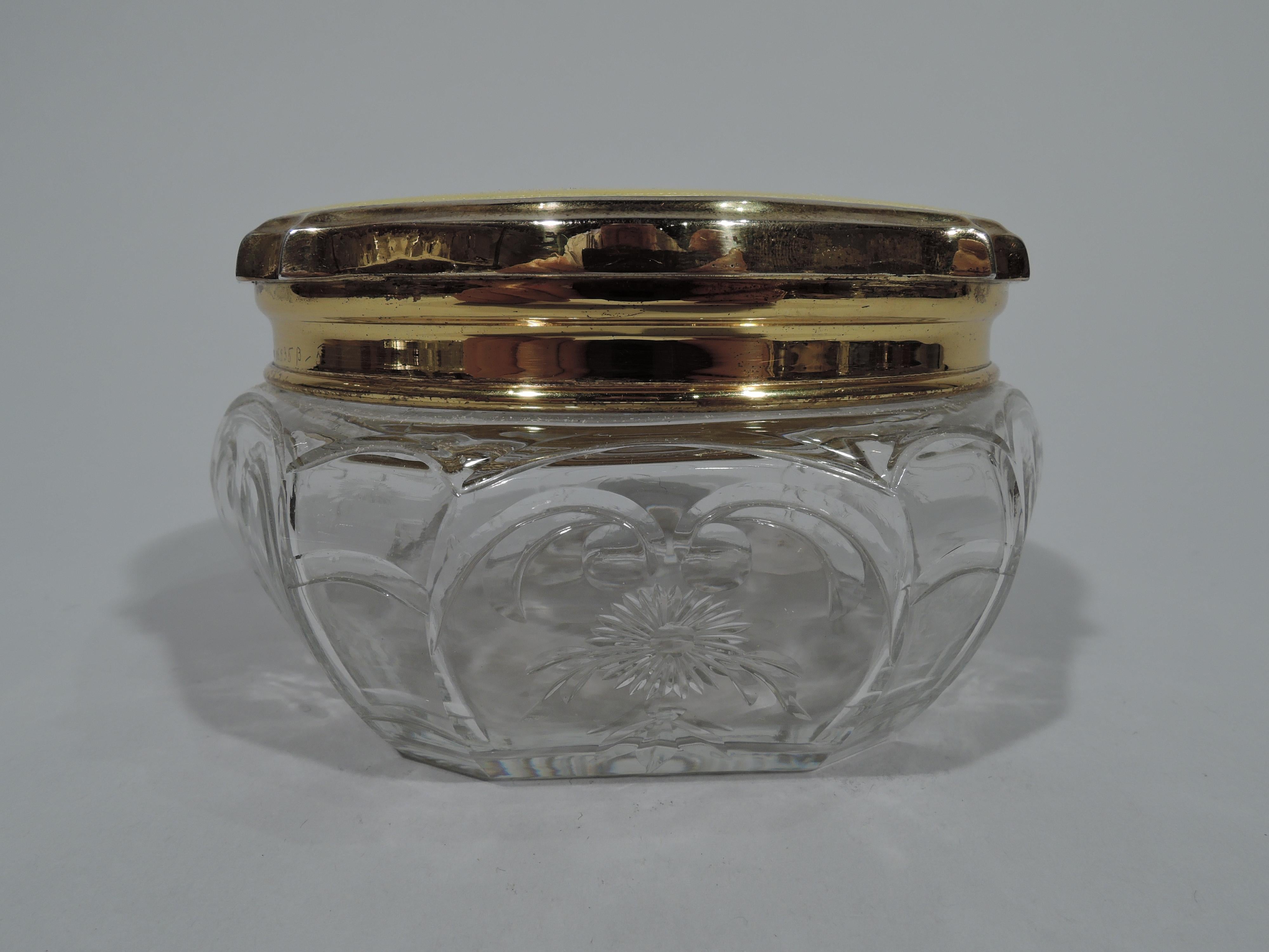 Edwardian Antique English Crystal Powder Jar with Silver Gilt and Enamel