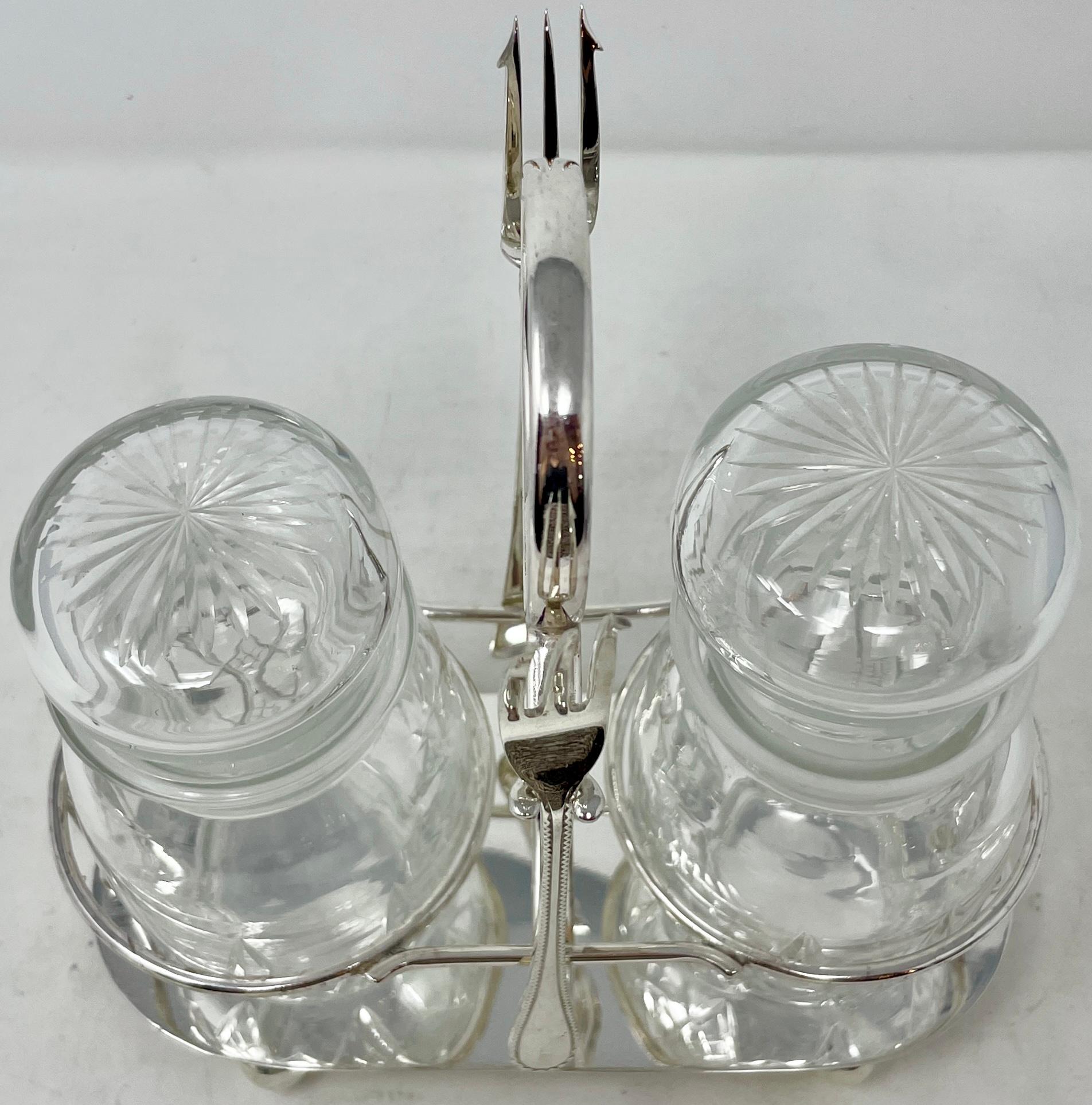 Victorian Antique English Crystal & Silver-Plate Double Jar Pickle Castor & Forks Ca 1900