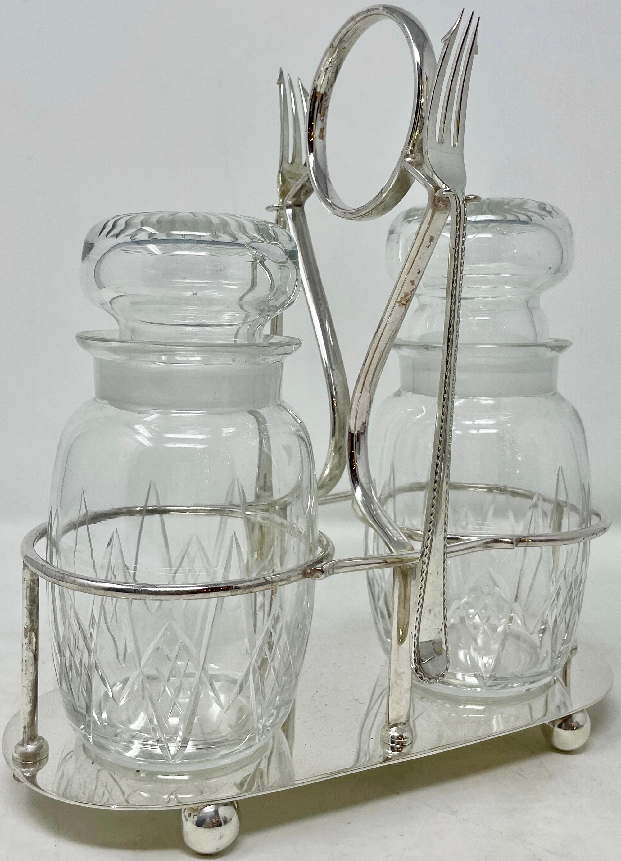 Antique English Crystal & Silver-Plate Double Jar Pickle Castor & Forks Ca 1900 In Good Condition In New Orleans, LA