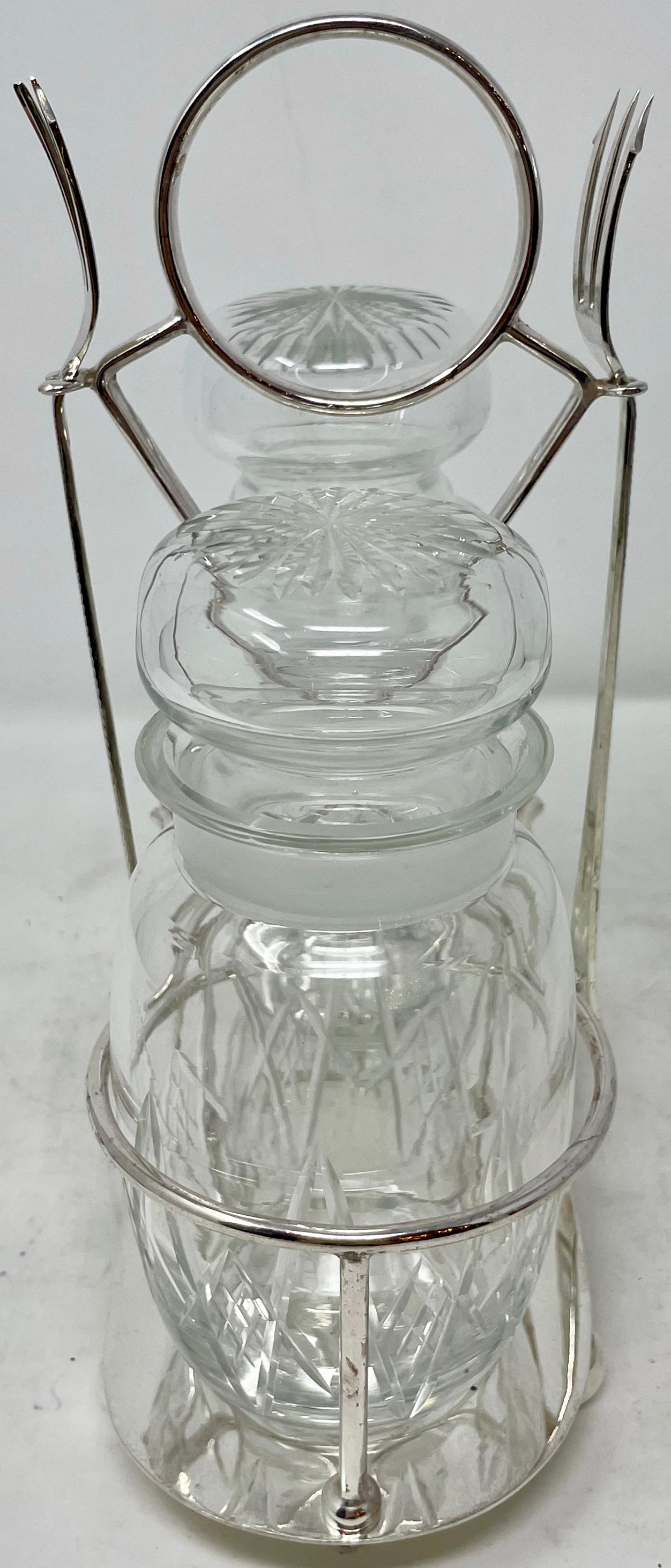 20th Century Antique English Crystal & Silver-Plate Double Jar Pickle Castor & Forks Ca 1900