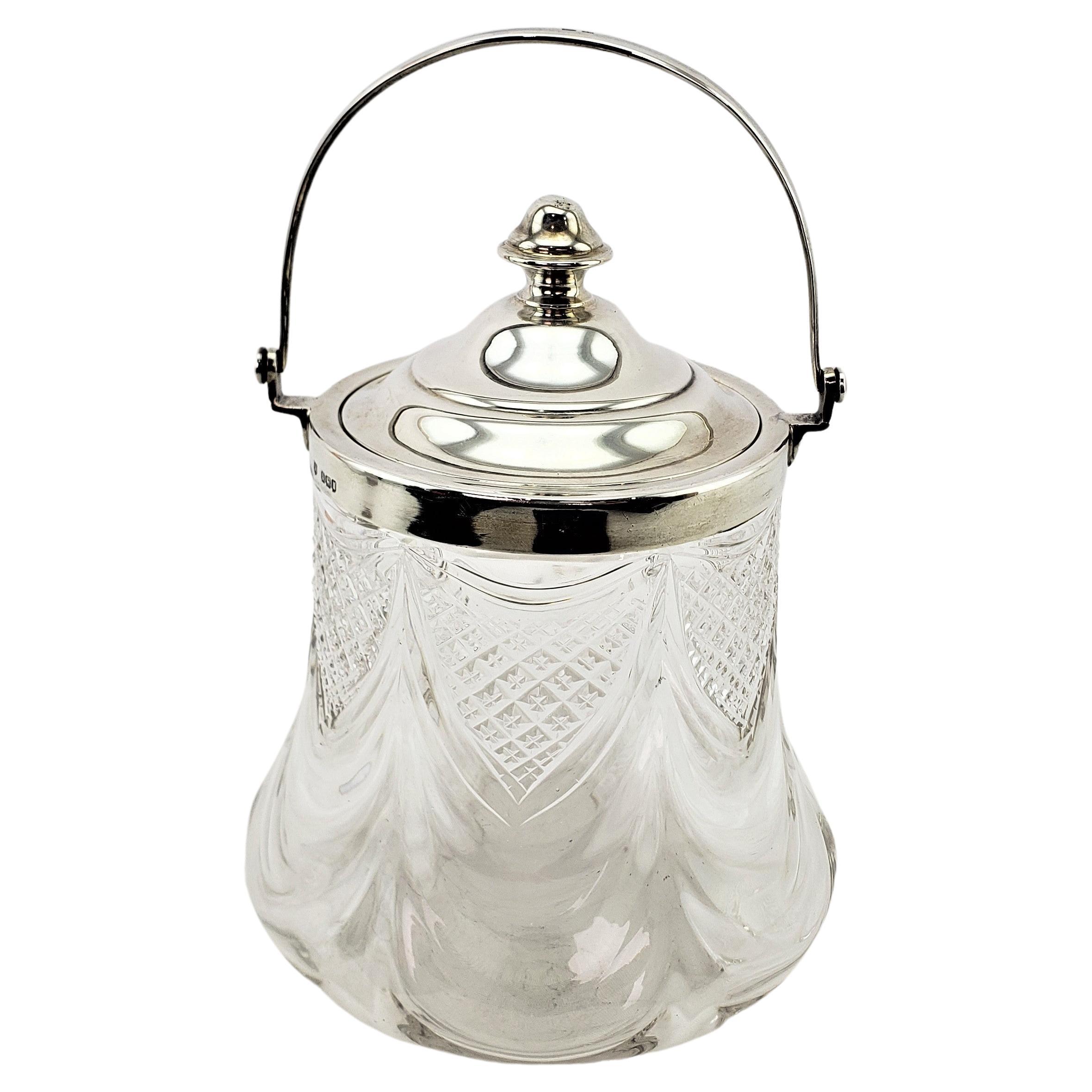 Antique English Crystal & Sterling Silver Biscuit Barrel or Covered Jar For Sale