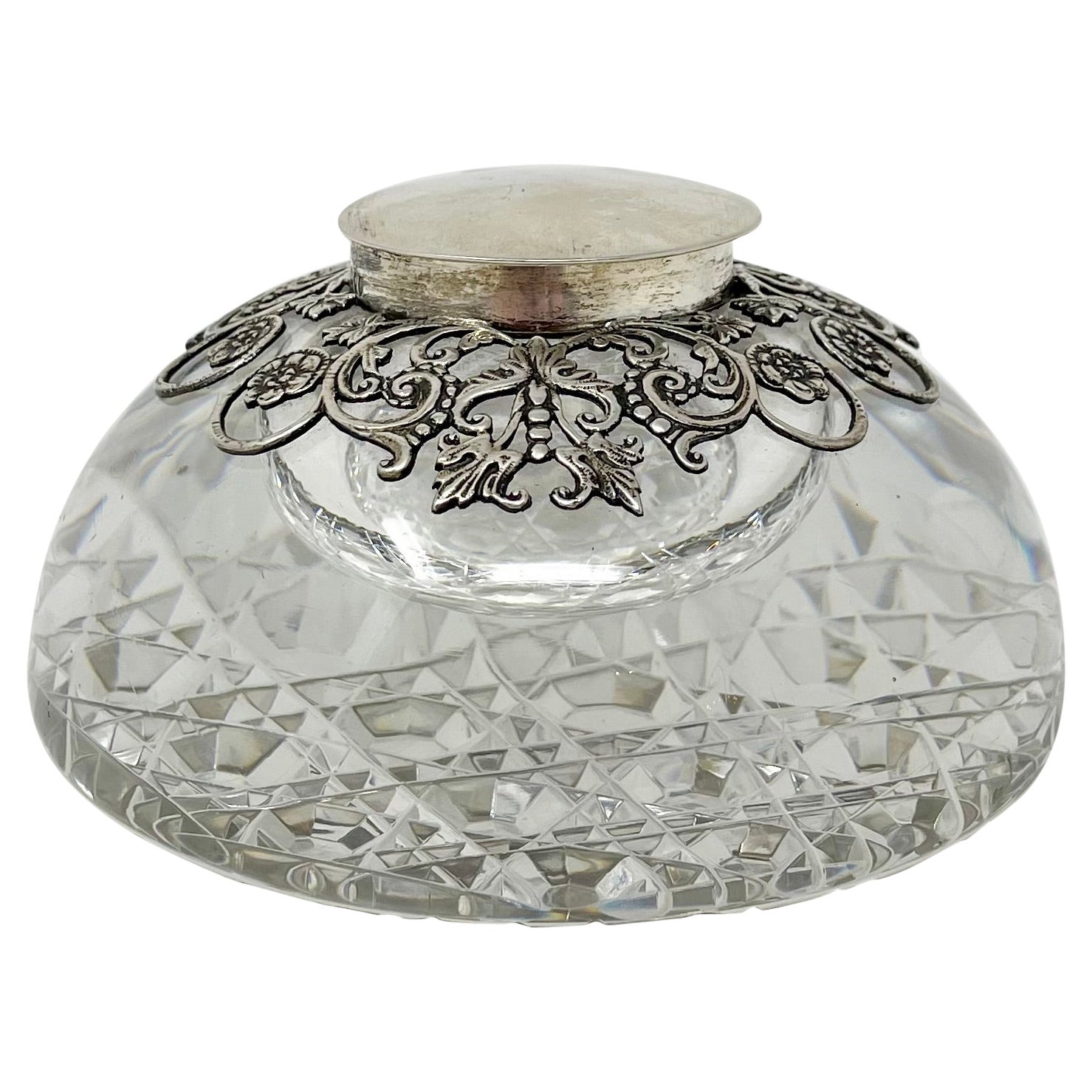 Encrier anglais ancien en cristal et argent sterling signé Samuel Jacob, vers 1895