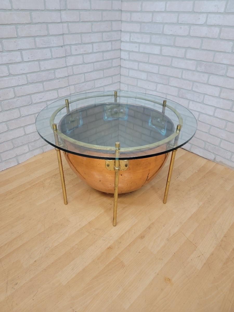 Industrial Antique English Custom Copper and Brass with Round Glass-Top Kettle Drum Table