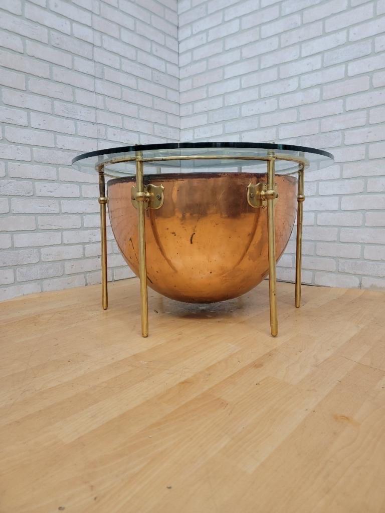 Hand-Crafted Antique English Custom Copper and Brass with Round Glass-Top Kettle Drum Table