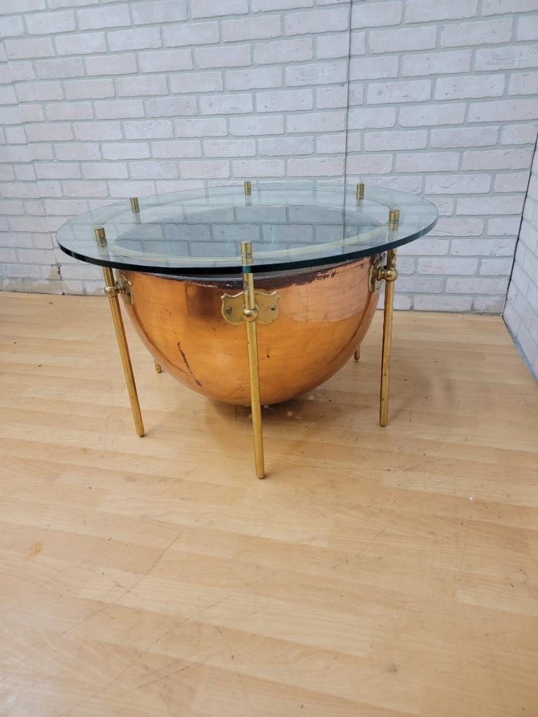 Antique English Custom Copper and Brass with Round Glass-Top Kettle Drum Table In Good Condition In Chicago, IL