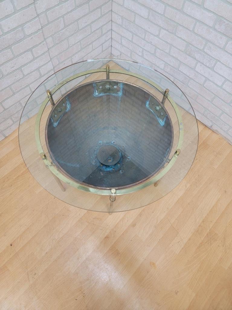 20th Century Antique English Custom Copper and Brass with Round Glass-Top Kettle Drum Table