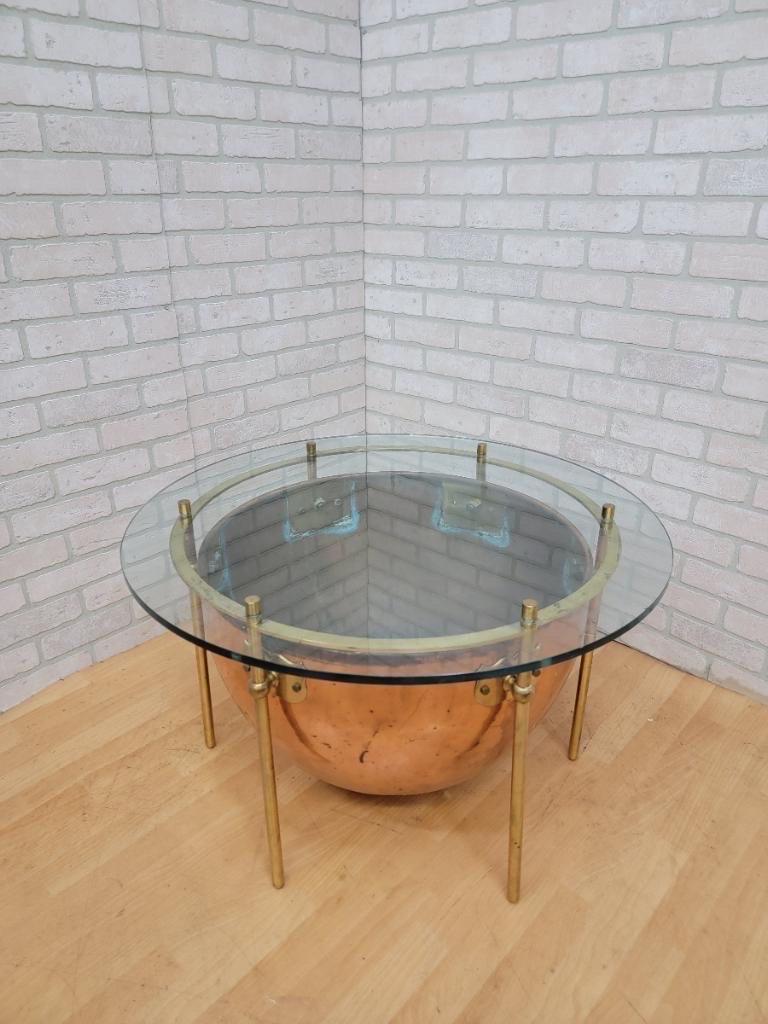 Antique English Custom Copper and Brass with Round Glass-Top Kettle Drum Table 1