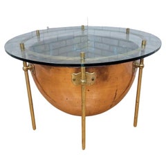 Antique English Custom Copper and Brass with Round Glass-Top Kettle Drum Table