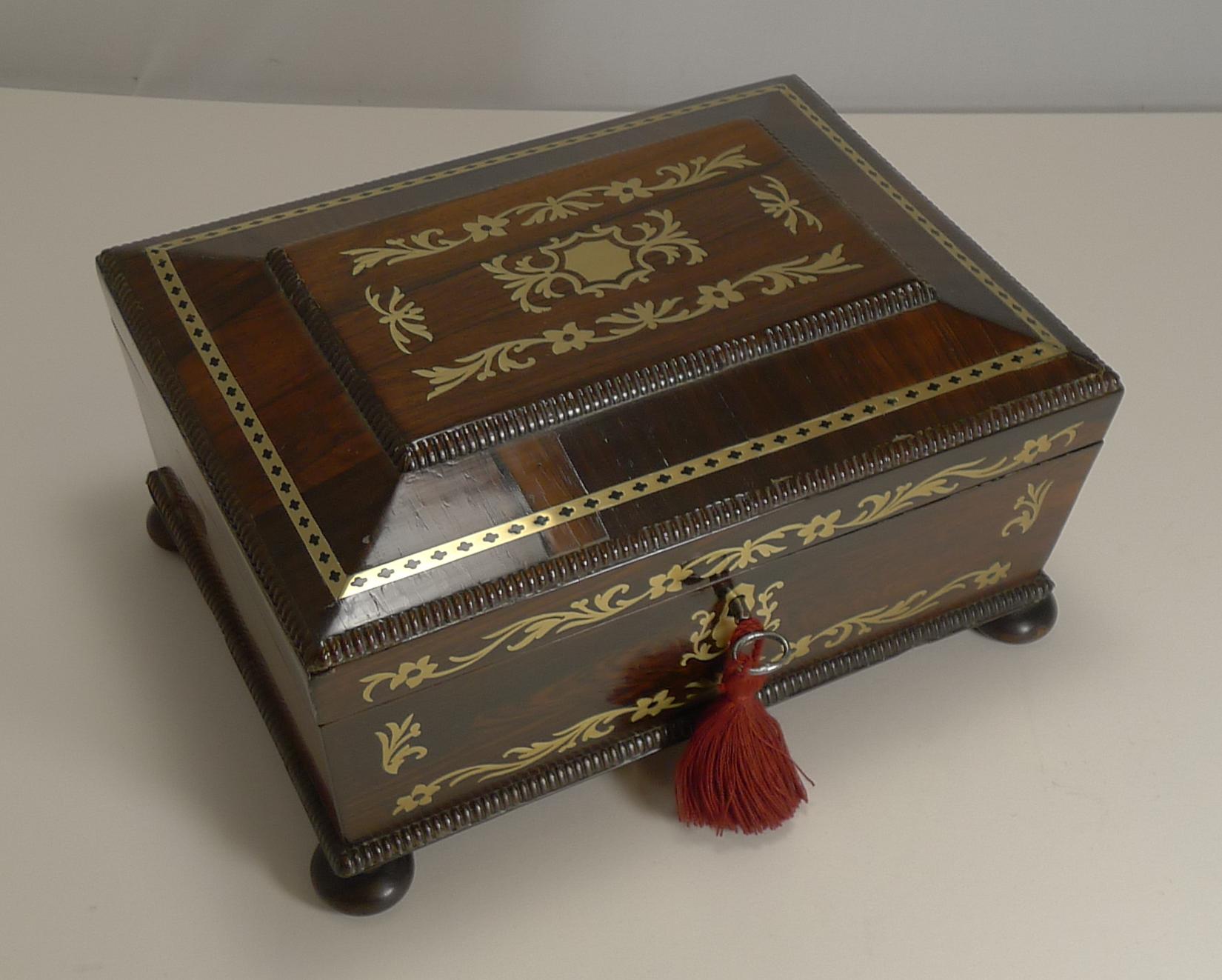 Antique English Cut Brass Inlaid Jewelry / Desk Box, circa 1820 6