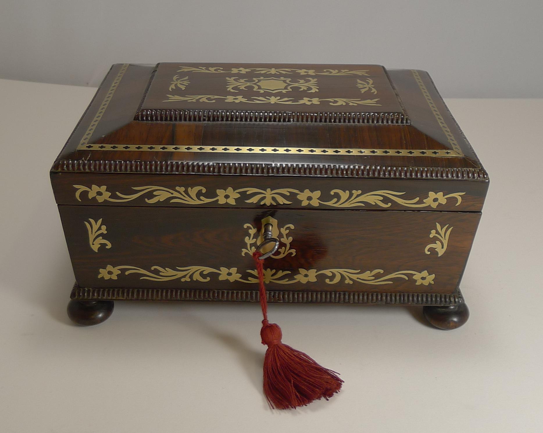 Regency Antique English Cut Brass Inlaid Jewelry / Desk Box, circa 1820