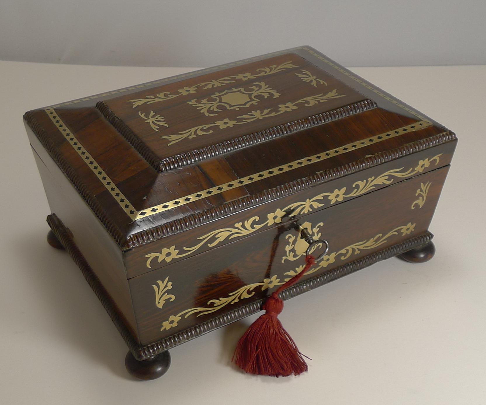 Antique English Cut Brass Inlaid Jewelry / Desk Box, circa 1820 In Good Condition In Bath, GB