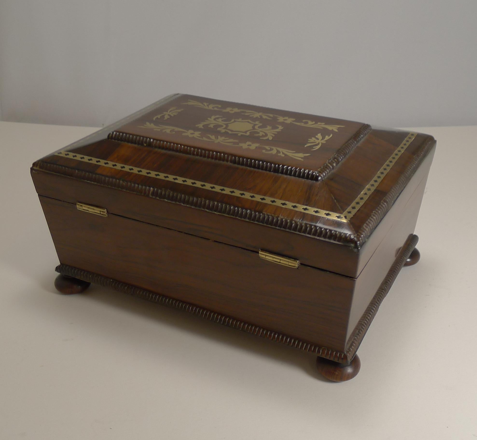 Early 19th Century Antique English Cut Brass Inlaid Jewelry / Desk Box, circa 1820