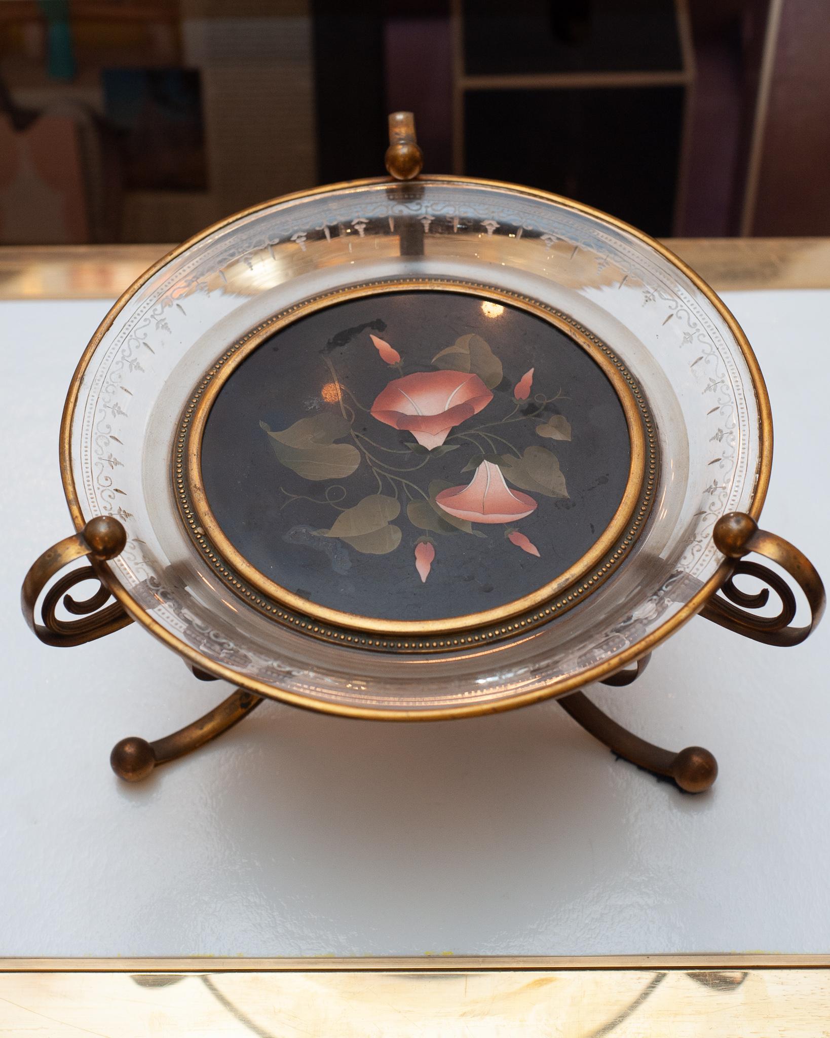 Antique English Cut Crystal and Floral Pietra Dura Tazza In Good Condition For Sale In Toronto, ON