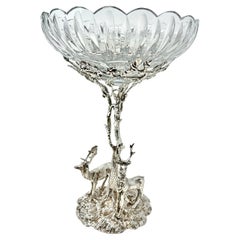 Antike englische Epergne aus geschliffenem Kristall und Sheffield-Silber mit Hirsch, um 1900