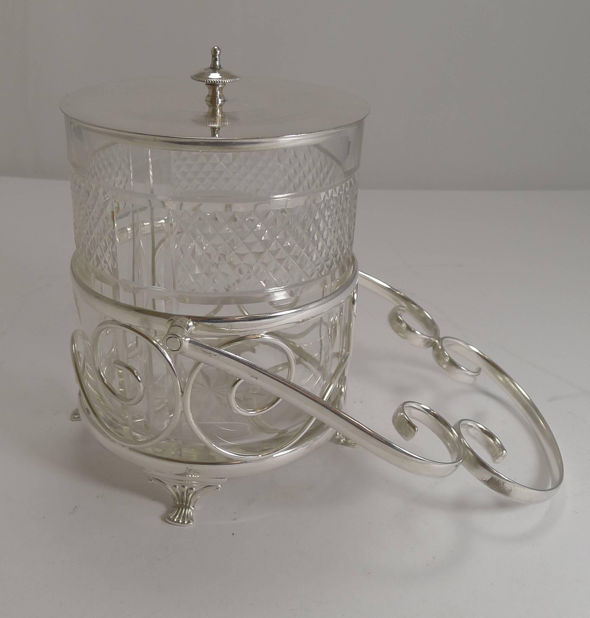 Plated Antique English Cut Crystal and Silver Plate Biscuit Box, circa 1900