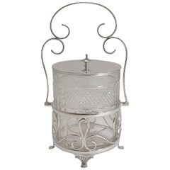 Antique English Cut Crystal and Silver Plate Biscuit Box, circa 1900