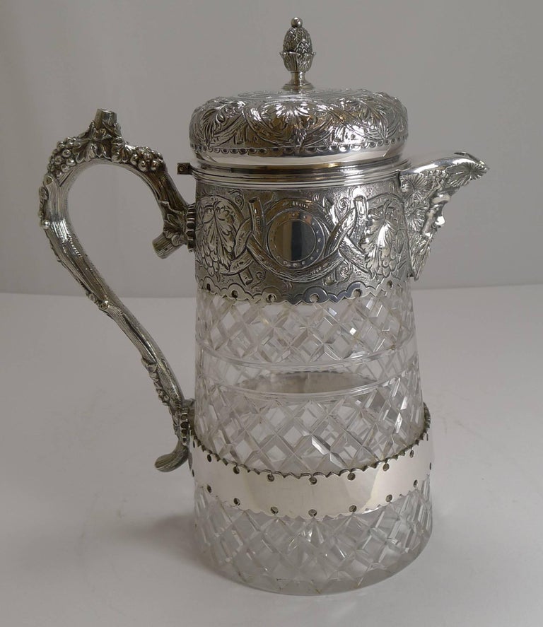 Antique English Cut Crystal and Silver Plate Wine Jug For Sale at 1stdibs