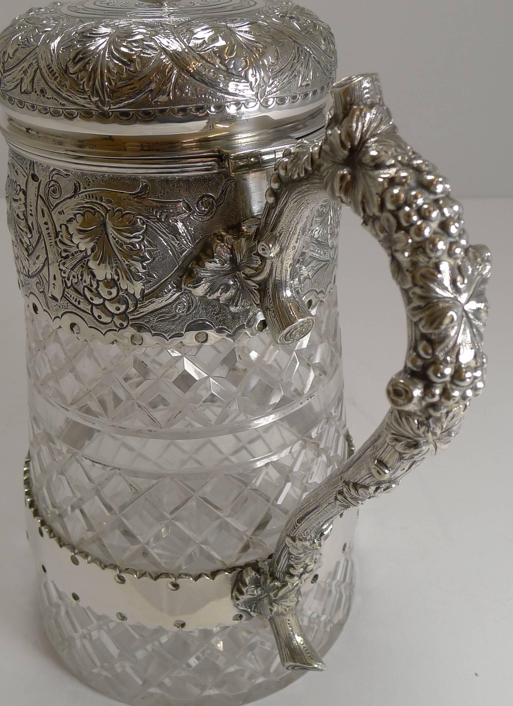 Late Victorian Antique English Cut Crystal and Silver Plate Wine Jug For Sale