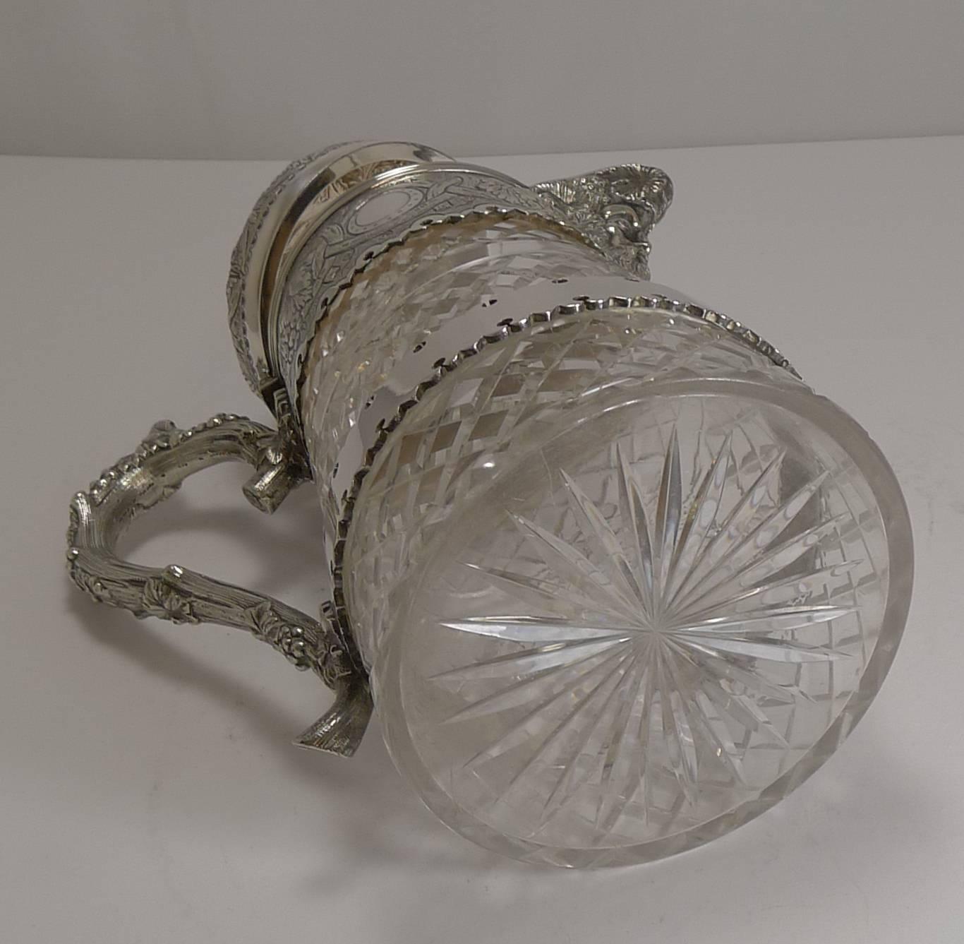 Cut Glass Antique English Cut Crystal and Silver Plate Wine Jug For Sale