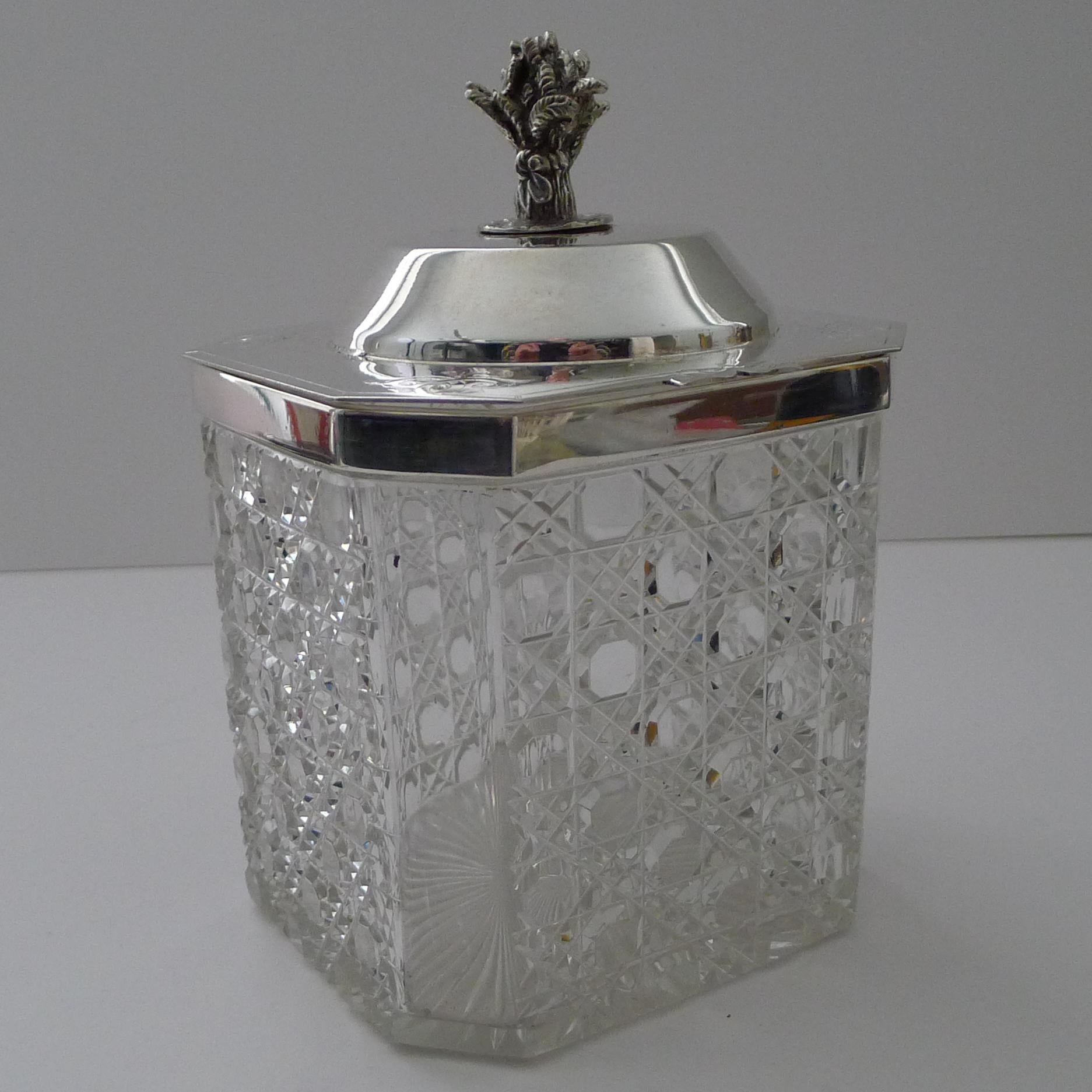 British Antique English Cut Crystal and Silver Plated Biscuit Box c.1890 For Sale