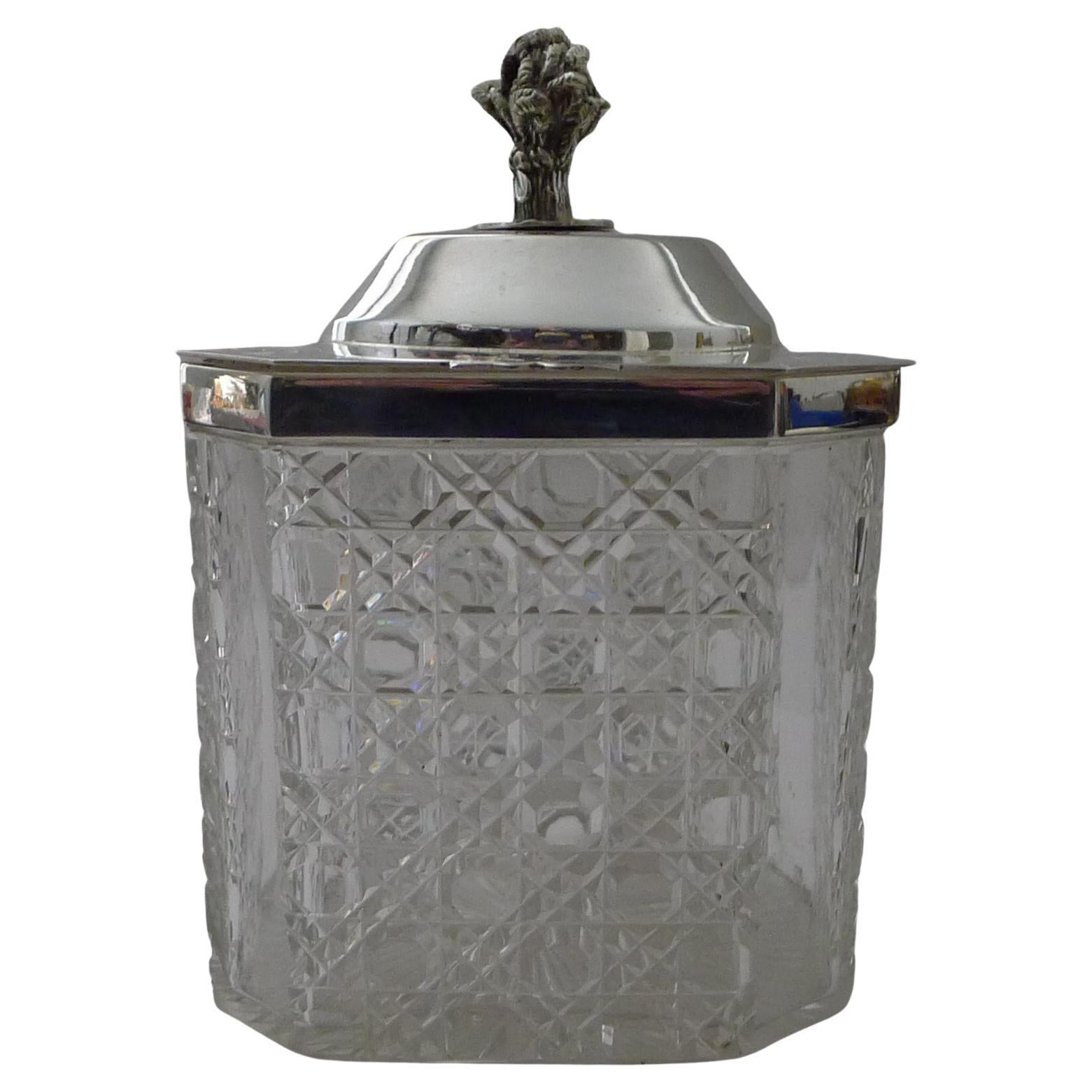 Antique English Cut Crystal and Silver Plated Biscuit Box c.1890 For Sale