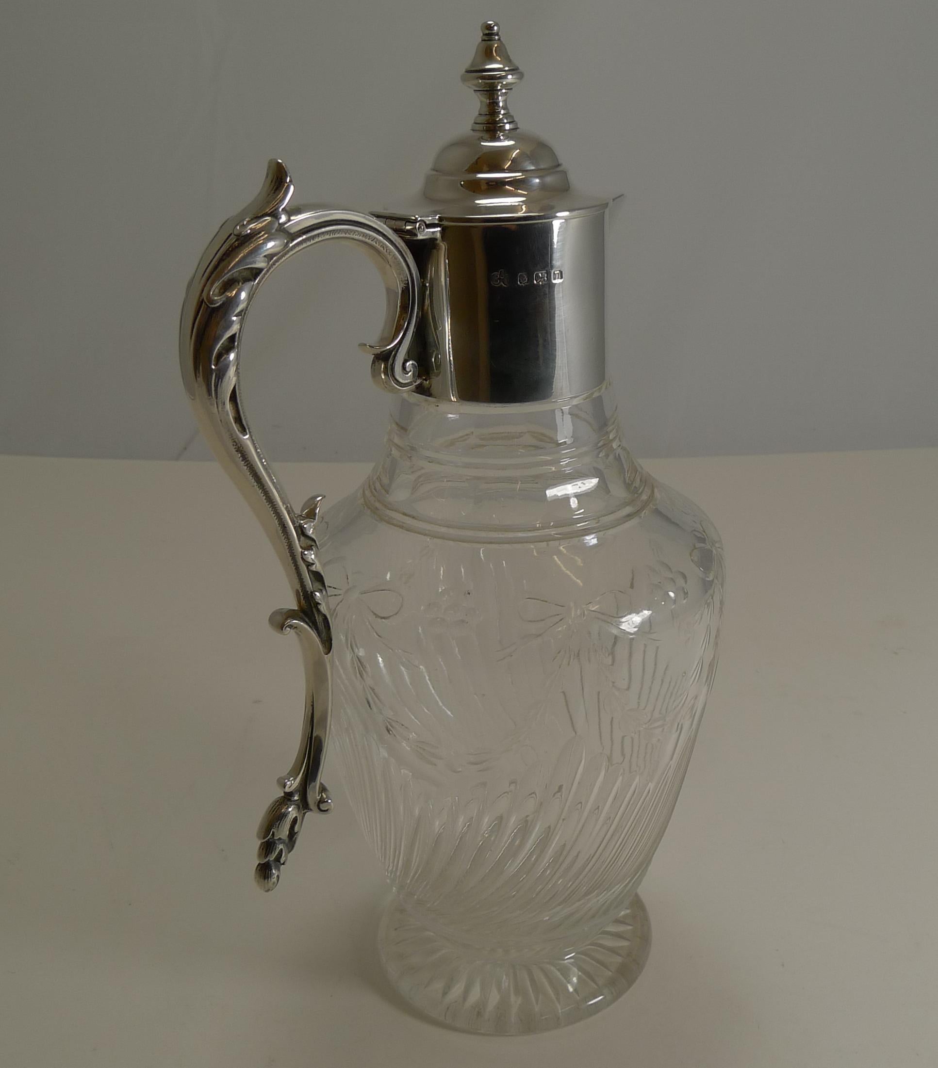 George IV Antique English Cut Crystal and Sterling Silver Claret Jug by Elkington & Co.