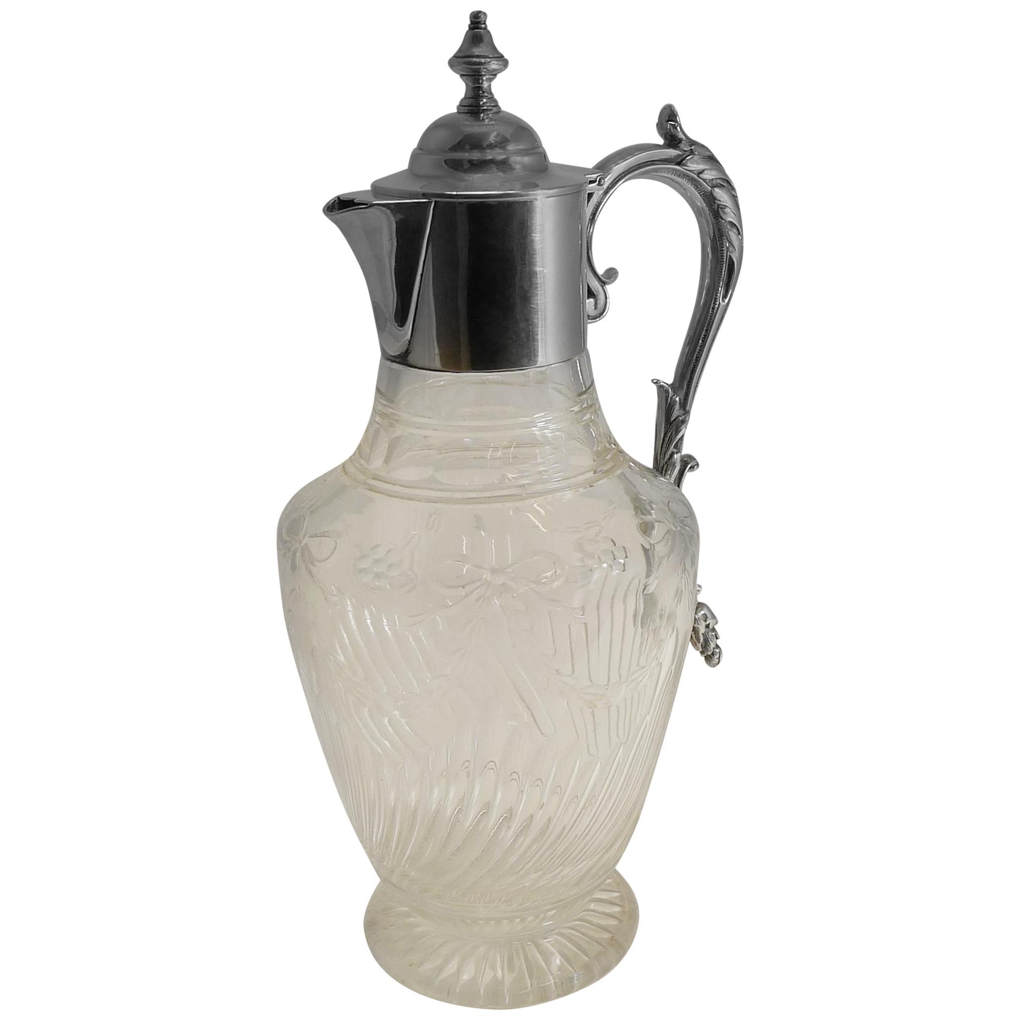Antique English Cut Crystal and Sterling Silver Claret Jug by Elkington & Co.