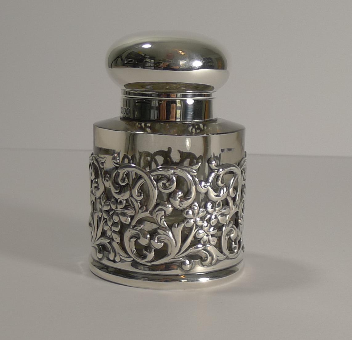 Late 19th Century Antique English Cut Crystal and Sterling Silver Inkwell, 1899