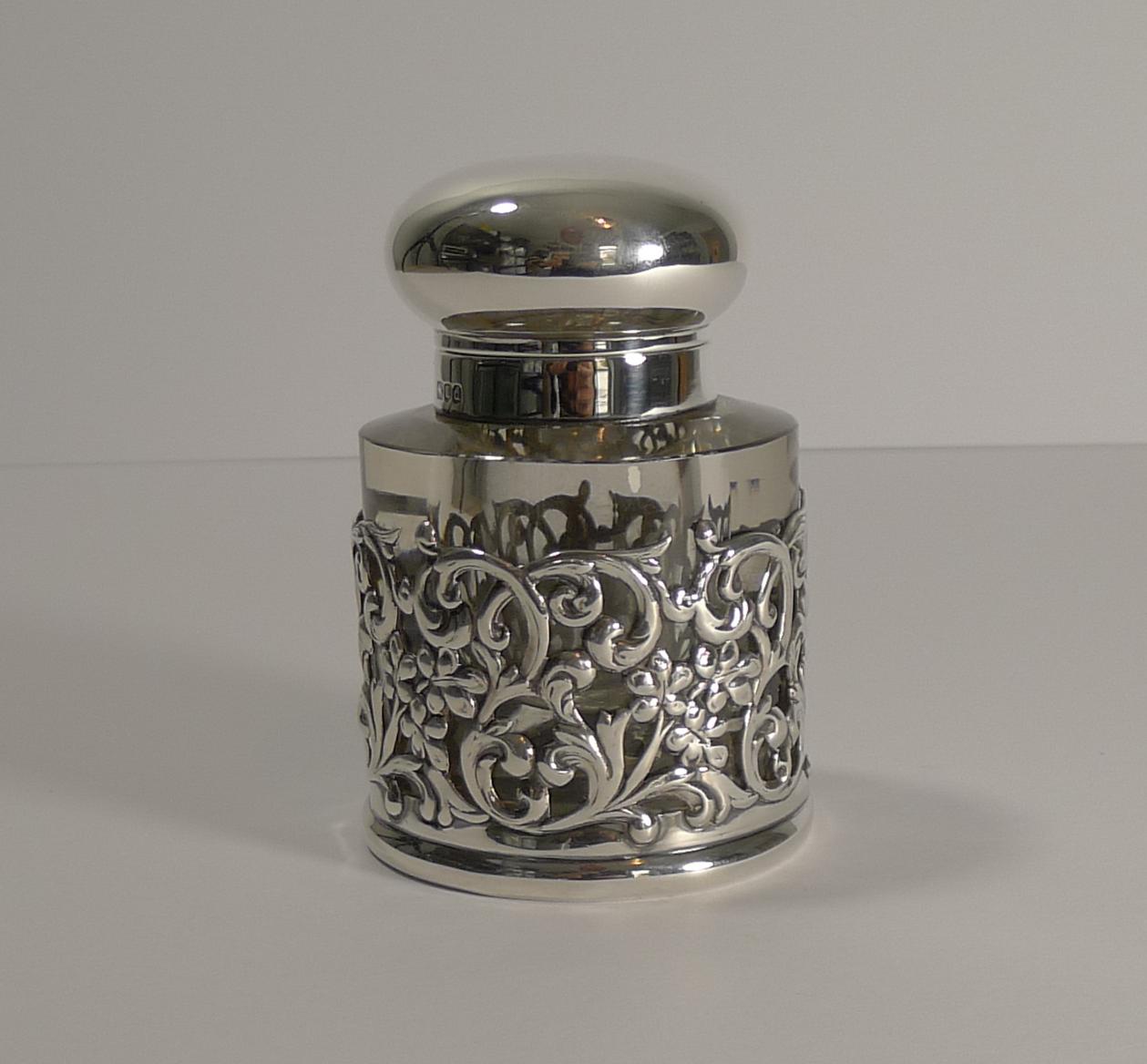 Antique English Cut Crystal and Sterling Silver Inkwell, 1899 1