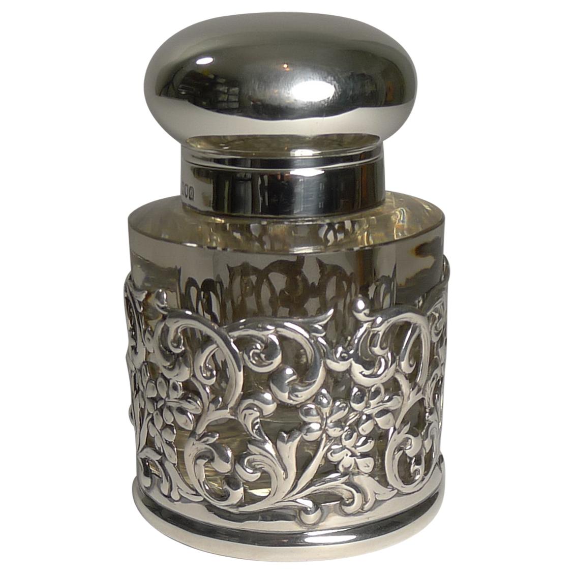 Antique English Cut Crystal and Sterling Silver Inkwell, 1899