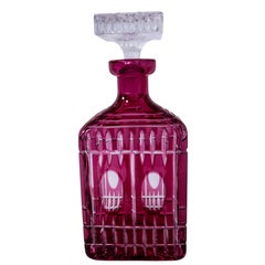 Antique English Cut Crystal Decanter, Ruby Red Color Square Stopper