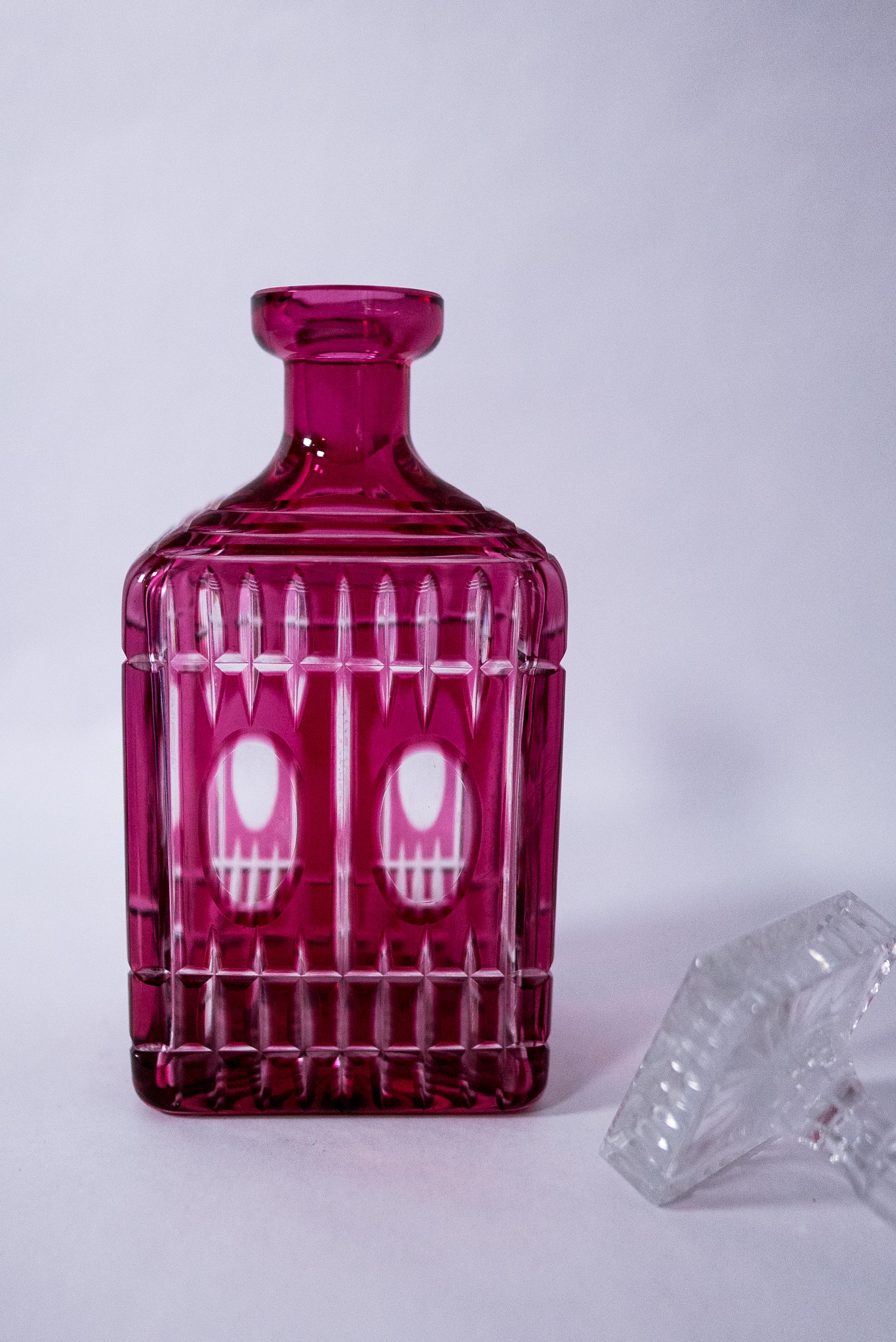 Late Victorian Antique English Cut Crystal Decanter, Ruby Red Color Square Stopper