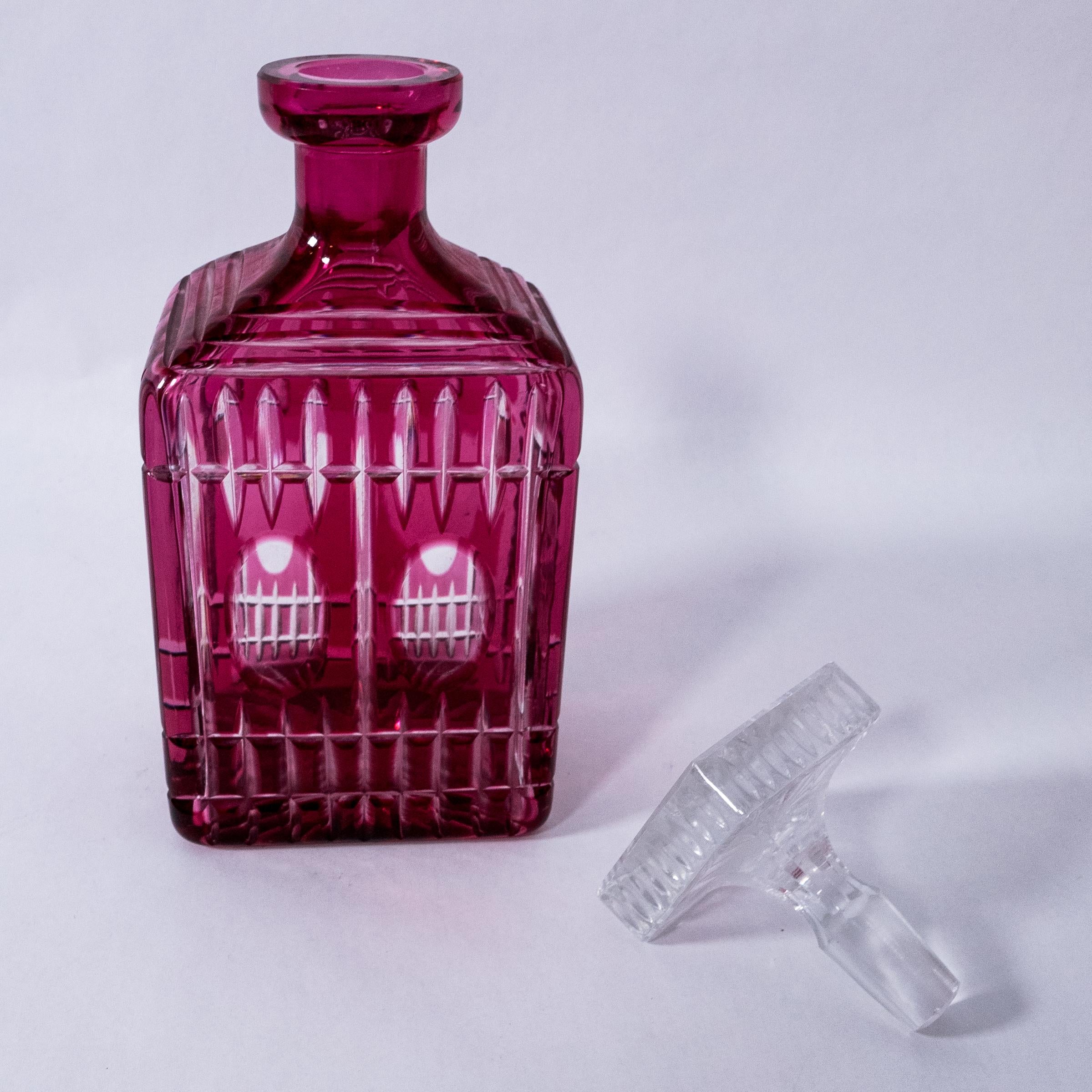 Hand-Crafted Antique English Cut Crystal Decanter, Ruby Red Color Square Stopper