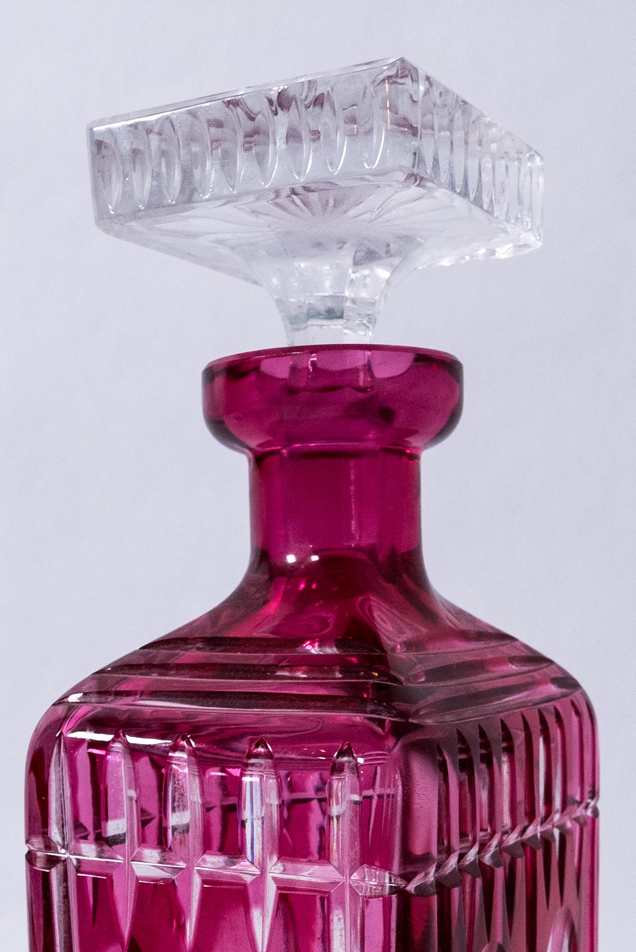 Late 19th Century Antique English Cut Crystal Decanter, Ruby Red Color Square Stopper