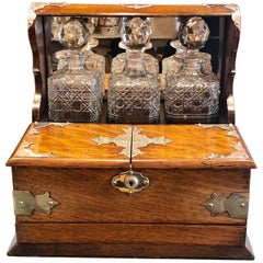 Antique English Cut Crystal Golden Oak Tantalus and Games Compendium, circa 1880