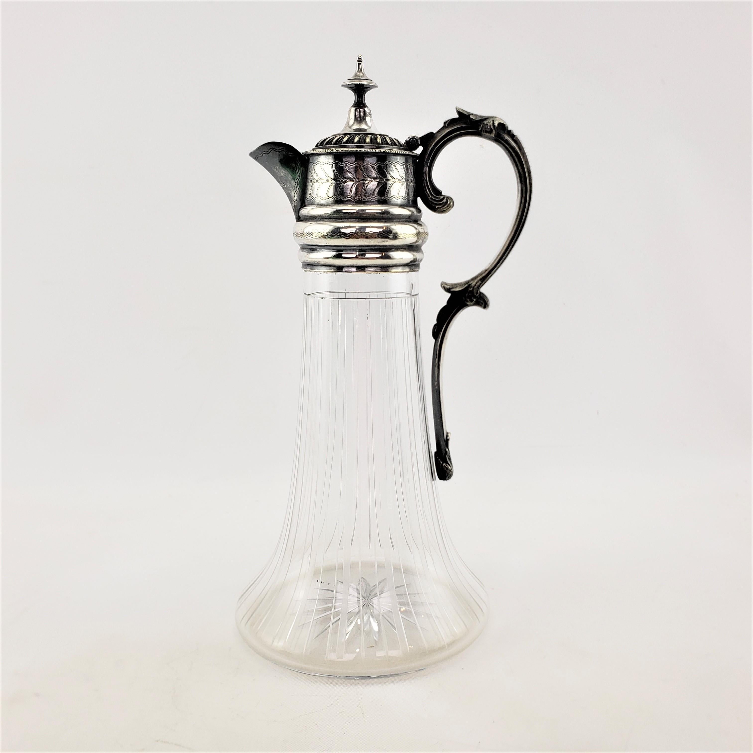 Etched Antique English Cut Crystal & Silver Plated Claret Jug or Decanter For Sale