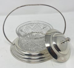 Antique English Cut Crystal Silver-Plated Jam Jar w/ Handle & Stand, Circa 1910